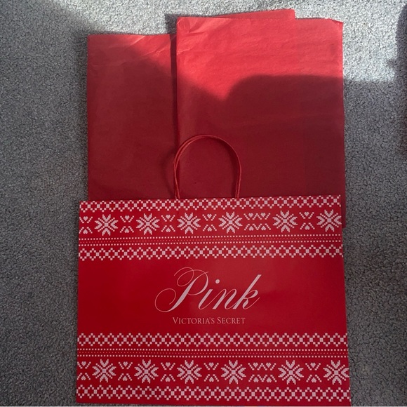 NEW Victoria’s Secret PINK Christmas Red 13.5”x12”x6” Paper Gift Bag & Tissue - Picture 2 of 3